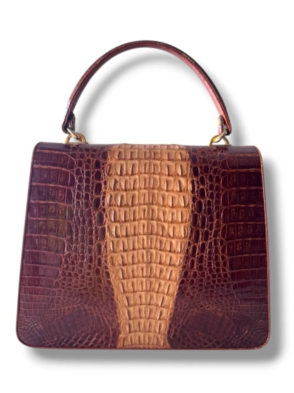 Vintage Genuine Crocodile Two-Tone Brown Top Handle Satchel Gold-Tone Hardware